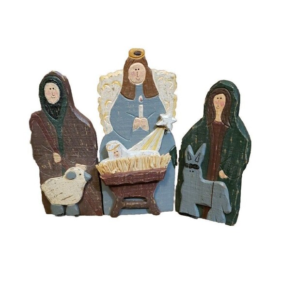 Nativity Wood Painted Trifold Folk Art Christmas Triptych Manger Creche Holiday - Picture 1 of 11